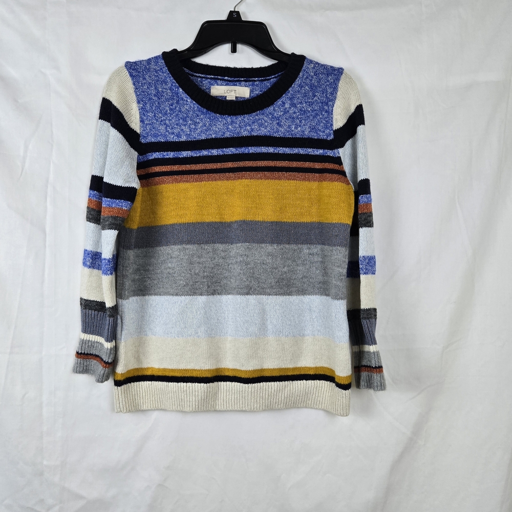 LOFT Women's‎ Blue Striped Multicolor Long Sleeve Preppy Crewneck Sweater Medium